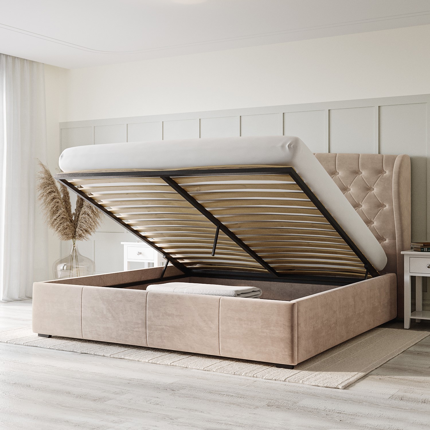 Read more about Beige velvet super king ottoman bed with winged headboard safina